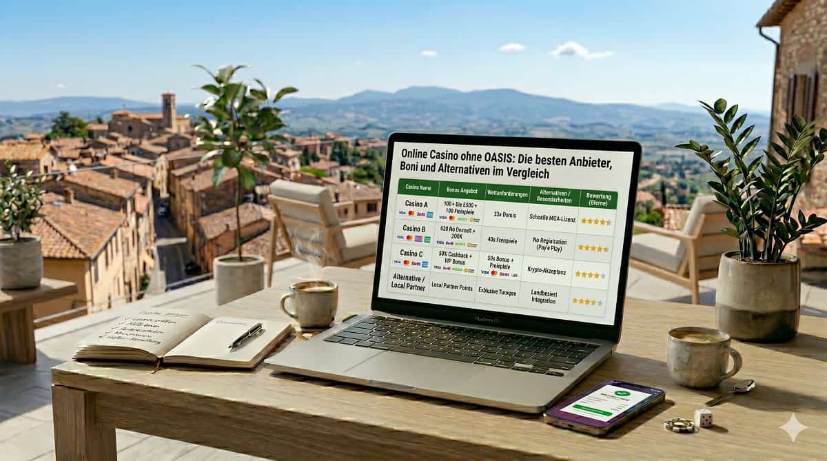 Ein Laptop auf einem Holztisch auf einer Terrasse zeigt eine deutschsprachige Webseite mit dem Titel „Online Casino ohne OASIS: Die besten Anbieter, Boni und Alternativen im Vergleich“, daneben liegen ein Notizbuch, ein Smartphone mit Zahlungsinformationen, zwei Tassen Kaffee und zwei Würfel vor einem malerischen toskanischen Dorfpanorama unter blauem Himmel.